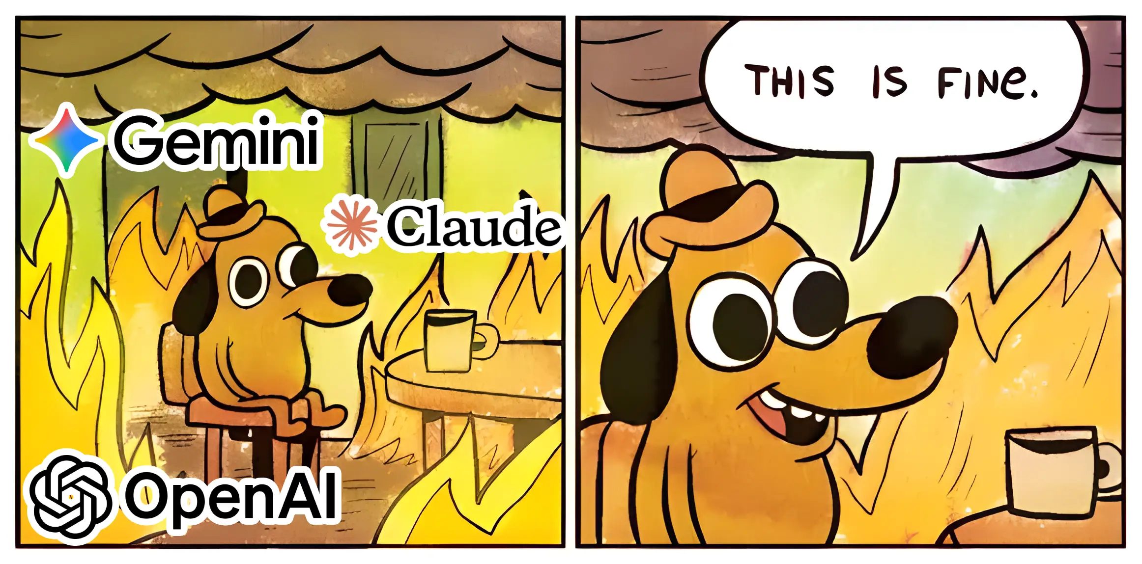 The 'This is fine' cartoon dog sitting calmly at a table as the room burns around it